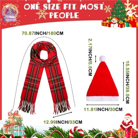 8PCS Christmas Santa Hat & Scarf Set - Buffalo Plaid Velvet Hats - Picture 2 of 8